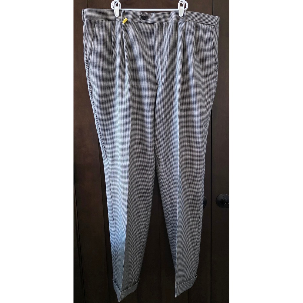 Bachrach Mens 100% Wool Houndstooth Pleated Cuffed Dress Pants Black White 40x29